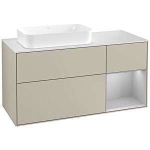 Villeroy und Boch Finion Waschtischunterschrank G281GJHH 120cm, Abdeckplatte white matt, Emotion, Regal rechts Light grey matt, Sand Matt Lacquer