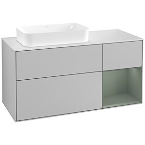 Villeroy und Boch Finion Waschtischunterschrank G281GMGJ 120cm, Abdeckplatte white matt, Emotion, Regal rechts Olive Matt Lacquer, Light grey matt