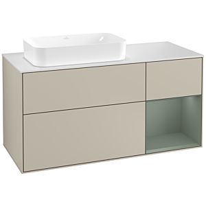 Villeroy und Boch Finion Waschtischunterschrank G281GMHH 120cm, Abdeckplatte white matt, Emotion, Regal rechts Olive Matt Lacquer, Sand Matt Lacquer