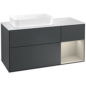 Villeroy und Boch Finion Waschtischunterschrank G281HHHG 120cm, Abdeckplatte white matt, Emotion, Regal rechts Sand Matt, Midnight Blue Matt Lacquer