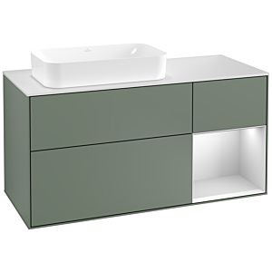 Villeroy et Boch Finion Villeroy et Boch G281MTGM 120cm, plaque de recouvrement blanc mat, Emotion, étagère à droite laqué blanc mat, Olive Matt Lacquer