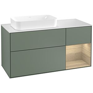 Villeroy und Boch Finion Waschtischunterschrank G281PCGM 120cm, Abdeckplatte white matt, Emotion, Regal rechts Oak Veneer, Olive Matt Lacquer