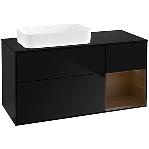 Villeroy und Boch Finion Waschtischunterschrank G282GNPH 120cm, Abdeckplatte black matt, Emotion, Regal rechts Walnut veneer, Glossy Black Lacquer