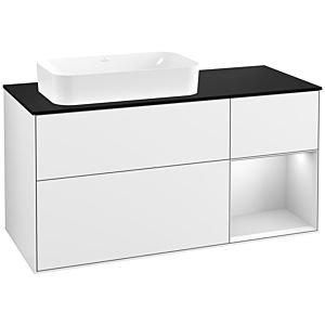Villeroy und Boch Finion Waschtischunterschrank G282MTGF 120cm, Abdeckplatte black matt, Emotion, Regal rechts White matt lacquer, Glossy white lacquer