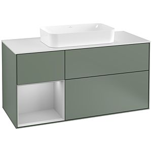 Villeroy und Boch Finion Waschtischunterschrank G291GJGM 120cm, Abdeckplatte white matt, Emotion, Regal links Light grey matt, Olive Matt Lacquer