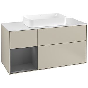 Villeroy und Boch Finion Waschtischunterschrank G291GKHH 120cm, Abdeckplatte white matt, Emotion, Regal links Anthracite matt, Sand Matt Lacquer