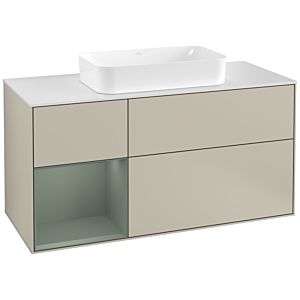 Villeroy und Boch Finion Waschtischunterschrank G291GMHH 120cm, Abdeckplatte white matt, Emotion, Regal links Olive Matt Lacquer, Sand Matt Lacquer