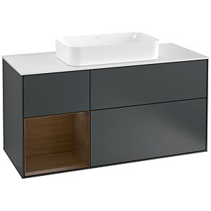 Villeroy und Boch Finion Waschtischunterschrank G291GNHG 120cm, Abdeckplatte white matt, Emotion, Regal links Walnut veneer, Midnight Blue Matt Lacquer