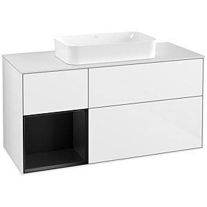 Villeroy et Boch Finion Villeroy et Boch G291PDGF 120cm, plaque de finition blanc mat, Emotion, étagère gauche laqué noir mat, laqué blanc brillant