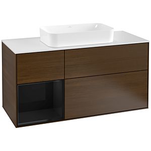 Villeroy und Boch Finion Waschtischunterschrank G291PHGN 120cm, Abdeckplatte white matt, Emotion, Regal links Glossy Black Lacquer, Walnut veneer