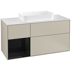 Villeroy und Boch Finion Waschtischunterschrank G291PHHH 120cm, Abdeckplatte white matt, Emotion, Regal links Glossy Black Lacquer, Sand Matt Lacquer