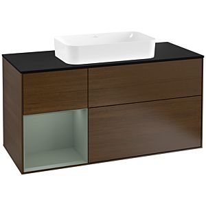 Villeroy und Boch Finion Waschtischunterschrank G292GMGN 120cm, Abdeckplatte black matt, Emotion, Regal links Olive Matt Lacquer, Walnut veneer