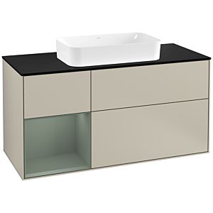 Villeroy und Boch Finion Waschtischunterschrank G292GMHH 120cm, Abdeckplatte black matt, Emotion, Regal links Olive Matt Lacquer, Sand Matt Lacquer