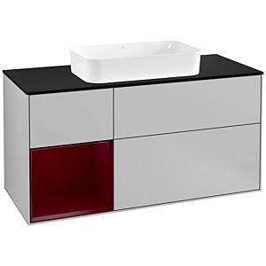 Villeroy und Boch Finion Waschtischunterschrank G292HBGJ 120cm, Abdeckplatte black matt, Emotion, Regal links Peony, Light grey matt