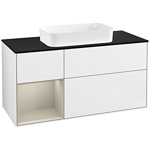 Villeroy und Boch Finion Waschtischunterschrank G292HHGF 120cm, Abdeckplatte black matt, Emotion, Regal links Sand Matt Lacquer, Glossy white lacquer