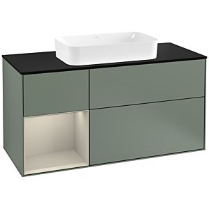 Villeroy und Boch Finion Waschtischunterschrank G292HHGM 120cm, Abdeckplatte black matt, Emotion, Regal links Sand Matt Lacquer, Olive Matt Lacquer