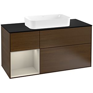 Villeroy und Boch Finion Waschtischunterschrank G292HHGN 120cm, Abdeckplatte black matt, Emotion, Regal links Sand Matt Lacquer, Walnut veneer