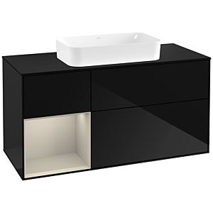 Villeroy und Boch Finion Waschtischunterschrank G292HHPH 120cm, Abdeckplatte black matt, Emotion, Regal links Sand Matt Lacquer, Glossy Black Lacquer