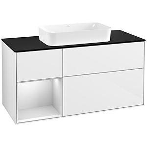 Villeroy und Boch Finion Waschtischunterschrank G292MTGF 120cm, Abdeckplatte black matt, Emotion, Regal links White matt lacquer, Glossy white lacquer