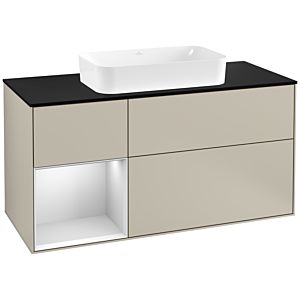 Villeroy und Boch Finion Waschtischunterschrank G292MTHH 120cm, Abdeckplatte black matt, Emotion, Regal links White matt lacquer, Sand Matt Lacquer