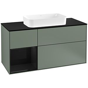 Villeroy und Boch Finion Waschtischunterschrank G292PHGM 120cm, Abdeckplatte black matt, Emotion, Regal links Glossy Black Lacquer, Olive Matt Lacquer
