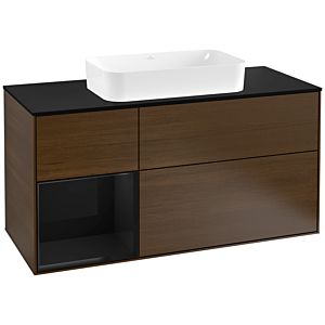 Villeroy und Boch Finion Waschtischunterschrank G292PHGN 120cm, Abdeckplatte black matt, Emotion, Regal links Glossy Black Lacquer, Walnut veneer