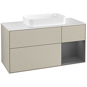 Villeroy und Boch Finion Waschtischunterschrank G301GKHH 120cm, Abdeckplatte white matt, Emotion, Regal rechts Anthracite matt, Sand Matt Lacquer
