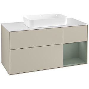 Villeroy und Boch Finion Waschtischunterschrank G301GMHH 120cm, Abdeckplatte white matt, Emotion, Regal rechts Olive Matt Lacquer, Sand Matt Lacquer