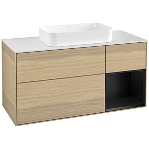 Villeroy und Boch Finion Waschtischunterschrank G301PDPC 120cm, Abdeckplatte white matt, Emotion, Regal rechts Black matt lacquer, Oak Veneer