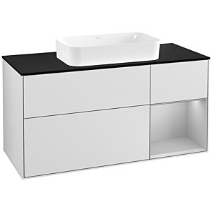 Villeroy und Boch Finion Waschtischunterschrank G302GJMT 120cm, Abdeckplatte black matt, Emotion, Regal rechts Light grey matt, White matt lacquer