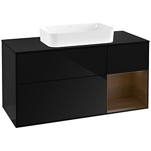Villeroy und Boch Finion Waschtischunterschrank G302GNPH 120cm, Abdeckplatte black matt, Emotion, Regal rechts Walnut veneer, Glossy Black Lacquer