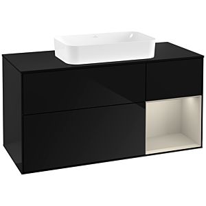 Villeroy und Boch Finion Waschtischunterschrank G302HHPH 120cm, Abdeckplatte black matt, Emotion, Regal rechts Sand Matt, Glossy Black Lacquer