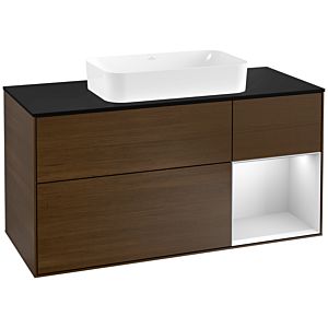 Villeroy und Boch Finion Waschtischunterschrank G302MTGN 120cm, Abdeckplatte black matt, Emotion, Regal rechts White matt lacquer, Walnut veneer