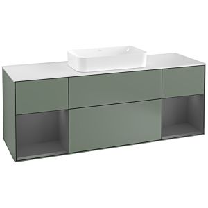 Villeroy und Boch Finion Waschtischunterschrank G331GKGM 160cm, Abdeckplatte white matt, Emotion, Regale Anthracite matt lacquer, Olive Matt Lacquer