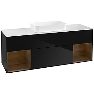 Villeroy und Boch Finion Waschtischunterschrank G331GNPH 160cm, Abdeckplatte white matt, Emotion, Regale Walnut veneer, Glossy Black Lacquer