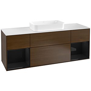 Villeroy und Boch Finion Waschtischunterschrank G331PHGN 160cm, Abdeckplatte white matt, Emotion, Regale Glossy black lacquer, Walnut veneer