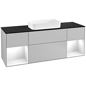 Villeroy und Boch Finion Waschtischunterschrank G332GFGJ 160cm, Abdeckplatte black matt, Emotion, Regale Glossy white lacquer, Light grey matt
