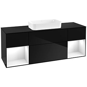 Villeroy und Boch Finion Waschtischunterschrank G332GFPH 160cm, Abdeckplatte black matt, Emotion, Regale Glossy white lacquer, Glossy Black Lacquer