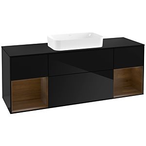 Villeroy und Boch Finion Waschtischunterschrank G332GNPH 160cm, Abdeckplatte black matt, Emotion, Regale Walnut veneer, Glossy Black Lacquer