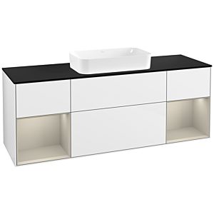 Villeroy und Boch Finion Waschtischunterschrank G332HHGF 160cm, Abdeckplatte black matt, Emotion, Regale sand matt lacquer, Glossy white lacquer