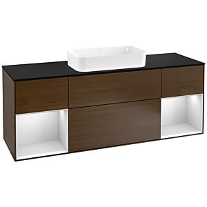 Villeroy und Boch Finion Waschtischunterschrank G332MTGN 160cm, Abdeckplatte black matt, Emotion, Regale White matt lacquer, Walnut veneer