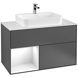 Villeroy und Boch Finion Waschtischunterschrank G361GFGK 100cm, Abdeckplatte white matt, Emotion, Regal links Glossy white lacquer, Anthracite matt