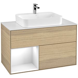 Villeroy et Boch Finion Villeroy et Boch G361GFPC 100cm, plaque de finition blanc mat, Emotion, étagère gauche laqué blanc brillant, Oak Veneer