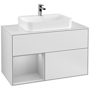 Villeroy und Boch Finion Waschtischunterschrank G361GJMT 100cm, Abdeckplatte white matt, Emotion, Regal links Light grey matt, White matt lacquer