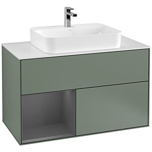 Villeroy und Boch Finion Waschtischunterschrank G361GKGM 100cm, Abdeckplatte white matt, Emotion, Regal links Anthracite matt, Olive Matt Lacquer