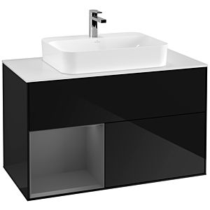 Villeroy und Boch Finion Waschtischunterschrank G361GKPH 100cm, Abdeckplatte white matt, Emotion, Regal links Anthracite matt, Glossy Black Lacquer