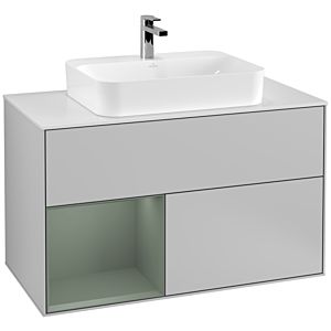 Villeroy und Boch Finion Waschtischunterschrank G361GMGJ 100cm, Abdeckplatte white matt, Emotion, Regal links Olive Matt Lacquer, Light grey matt