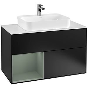 Villeroy und Boch Finion Waschtischunterschrank G361GMPD 100cm, Abdeckplatte white matt, Emotion, Regal links Olive Matt Lacquer, Black matt lacquer