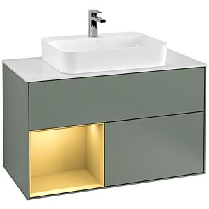 Villeroy und Boch Finion Waschtischunterschrank G361HFGM 100cm, Abdeckplatte white matt, Emotion, Regal links Gold matt, Olive Matt Lacquer