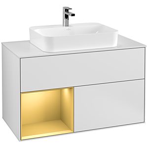 Villeroy et Boch Finion Villeroy et Boch G361HFMT 100cm, plaque de recouvrement blanc mat, Emotion, étagère gauche or mat, laqué blanc mat